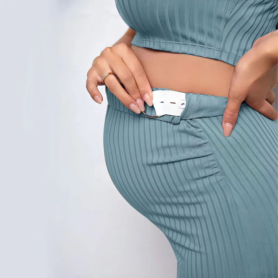 Women Maternity Sets Maternity Clothing Sets Knitted Ribbed Suspender Top Paired with Pencil Skirt Adjustable Belt and Comfortable for Pregnant Women