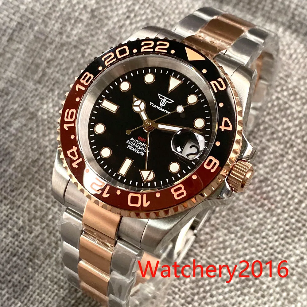 

Tandorio 40mm Watch For Men Black Dial Rose Gold Sapphire Glass Luminous Ceramic Bezel Japan NH34 NH34A GMT Mechanical Automatic