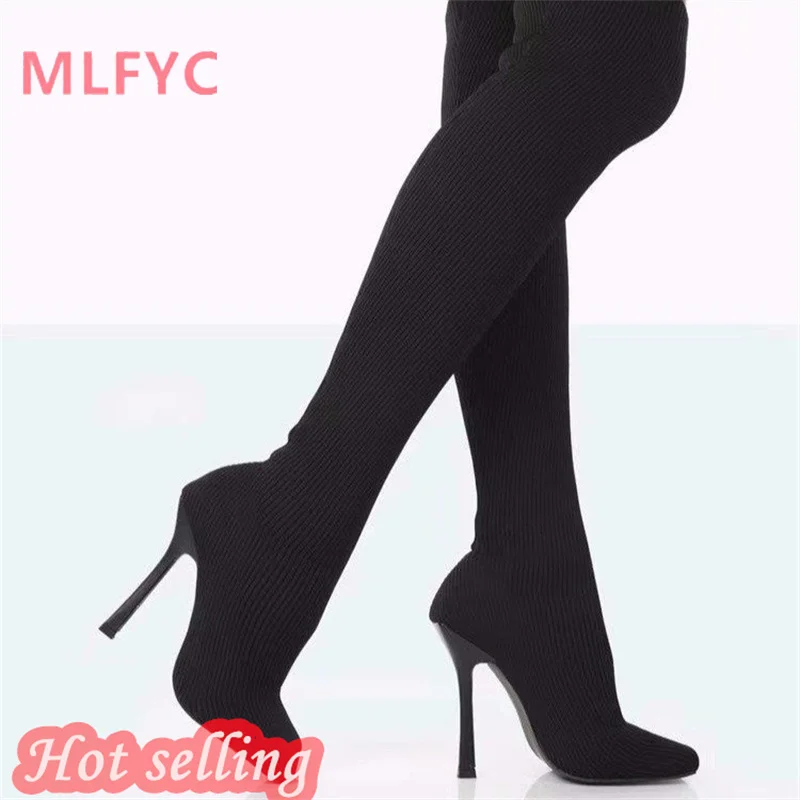 Knee length boots for women's autumn and winter new large knitted sexy high heel sleeve elastic boots and socks boots