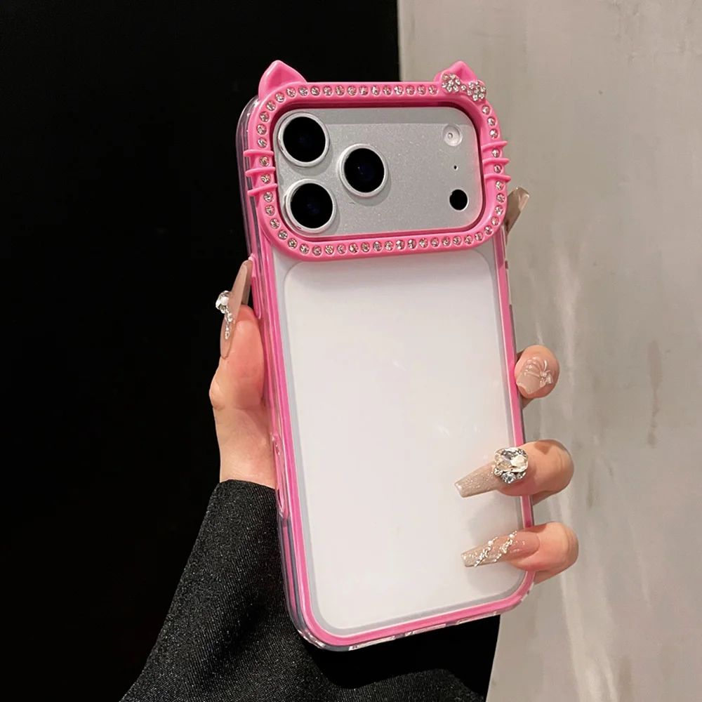 Luxury Rhinestone Cat Ears Matte Transparent Phone Case with Candy Color Bumper