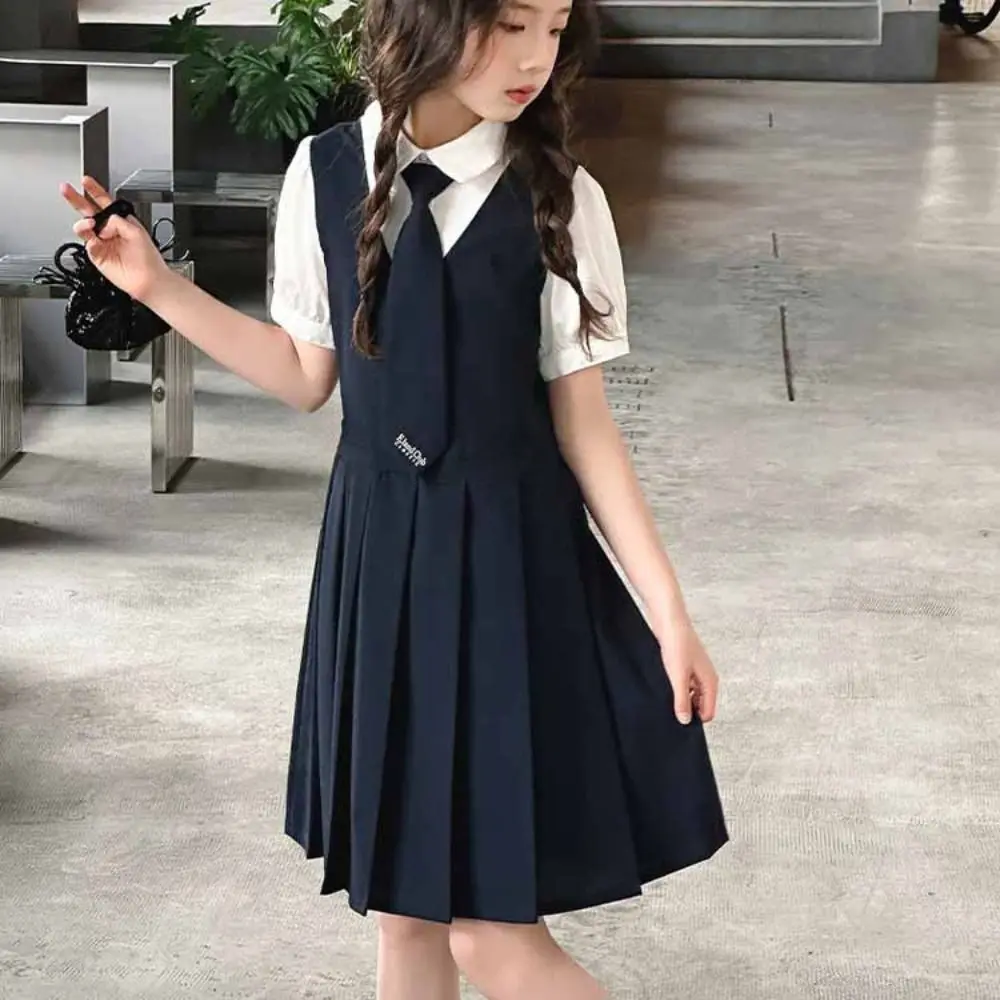 Loose Pleated Kids Fake Two Dress Preppy Style Teenagers Summer Girls Dresses Skirts Short Sleeve Children A-line Dress Girl