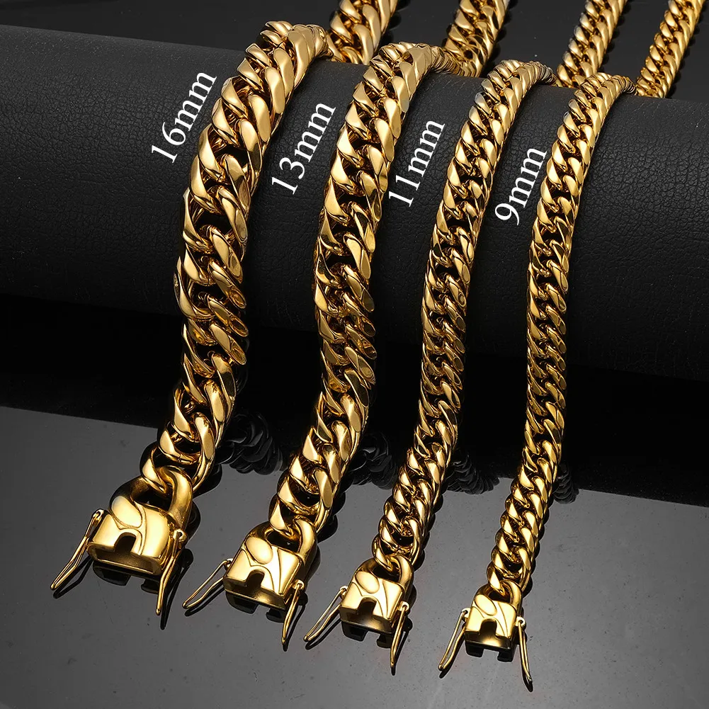 

New Arrival 9/11/13/16mm Any Length 316L Stainless Steel Cuban Curb Chain Necklace for Men Women Gold Color Jewelry