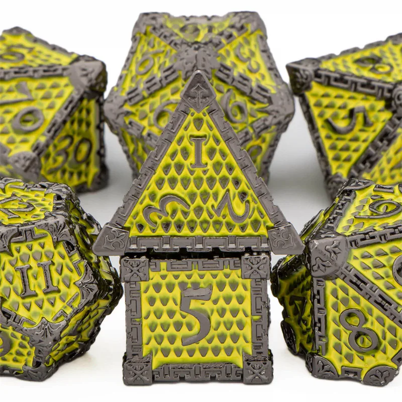 

Dnd Metal Dice Set Dungeon And Dragon RPG D+D D&D Solid Polyhedral Yellow Green Role Playing For Games D20 D12 D10 D8 D6 D4 Dice