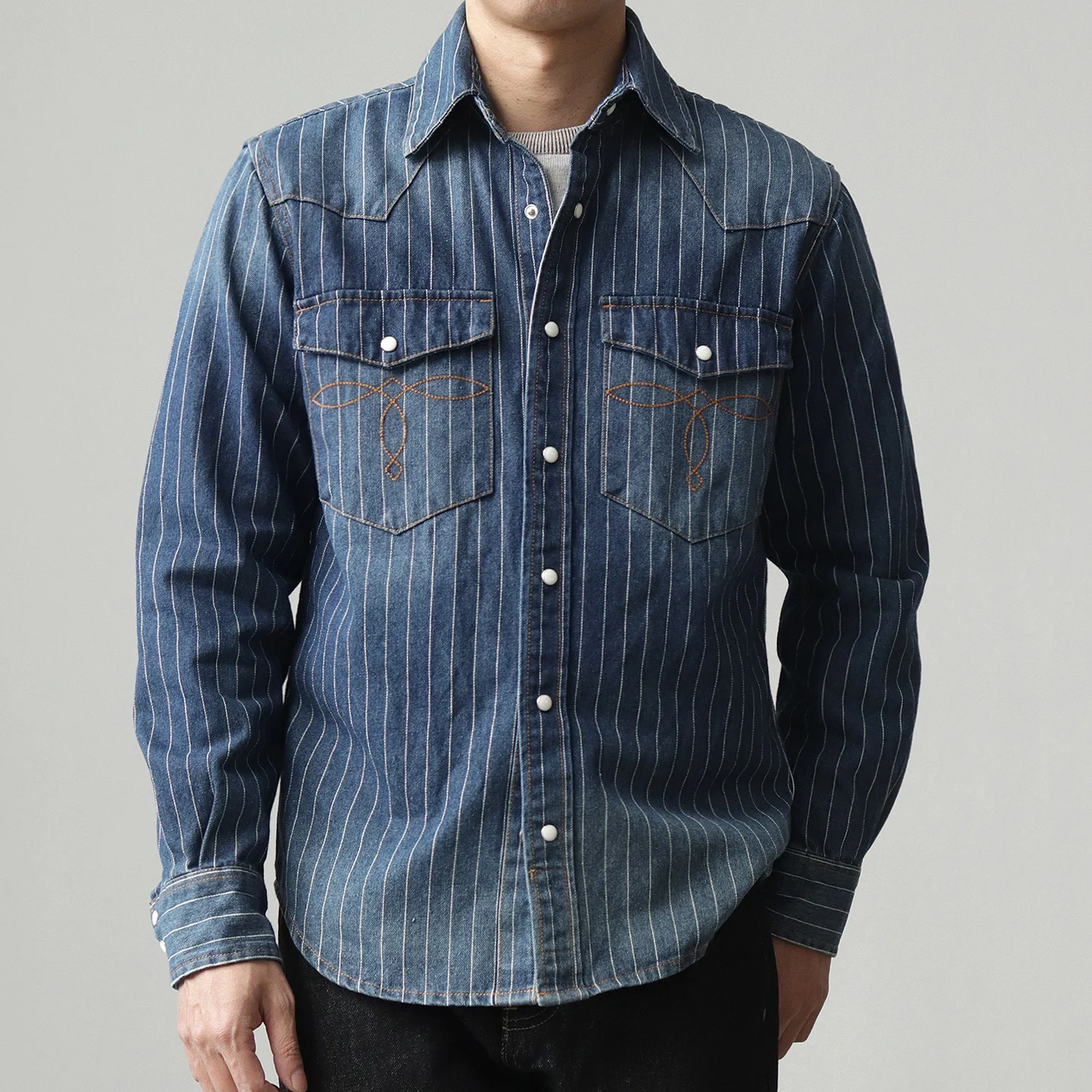 Vintage denim shirt men washed striped casual Khaki spring autumn long sleeve