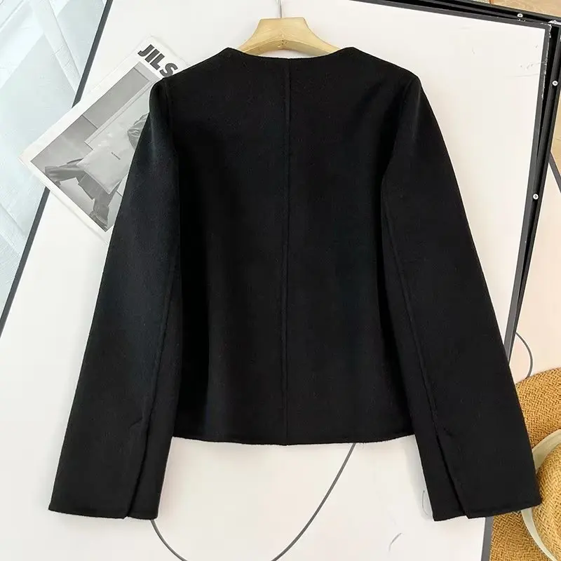 Dave&Di French Office Ladies Wool Jacket Retro Button Coat Black Elegant Casual Fashion Blazers Jacket Women Tops