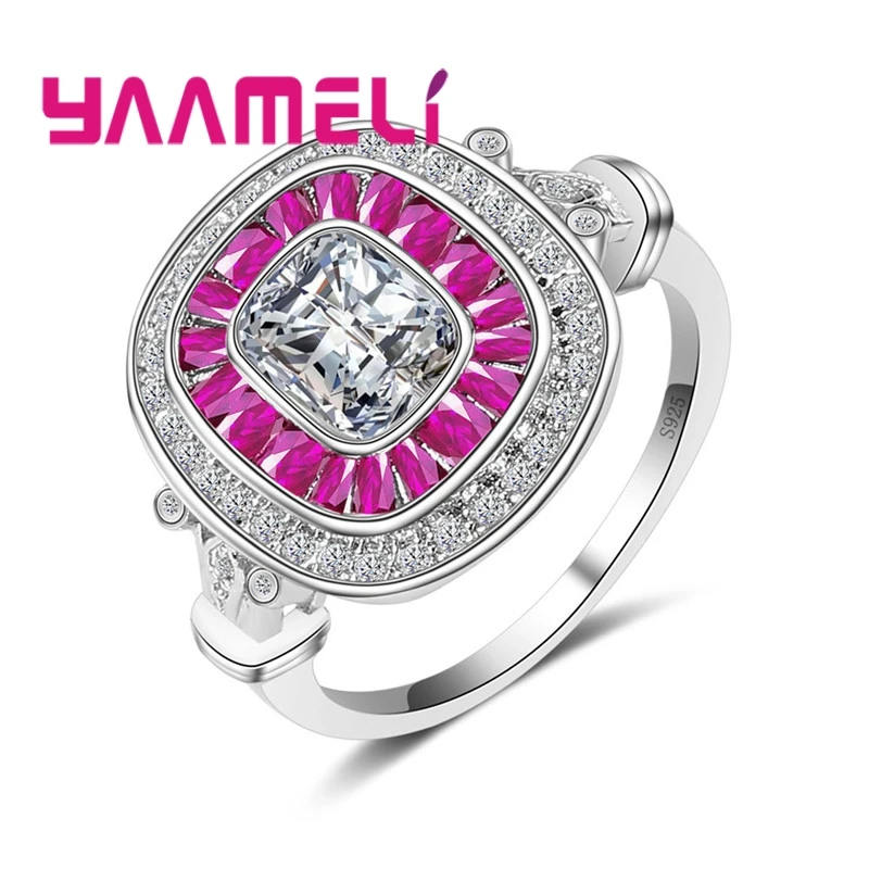 רחב פנים טבעת 925 סטרלינג כסף יוקרה פופ סגנון קשט לבן קריסטל פוקסיה כותרת צורת חתונה ילדה