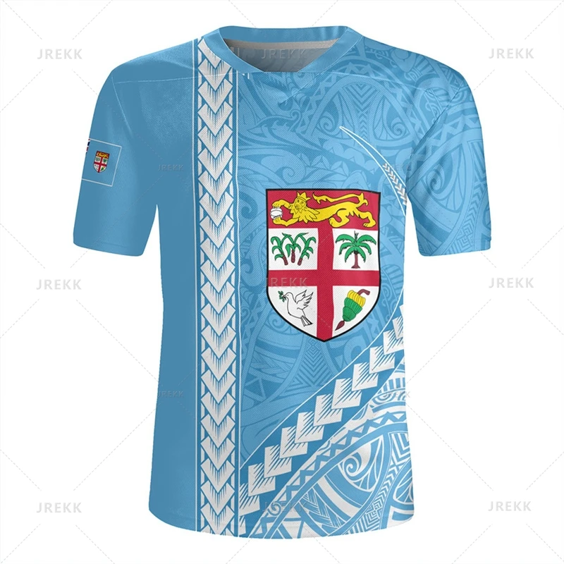 thumbnail image 1 of Camiseta con cuello en V y estampado 3D de la bandera de la República de Fiji Camiseta con cuello en V y emblema gráfico de rugby de Fiji para hombres Camisetas de moda, 1 of 5