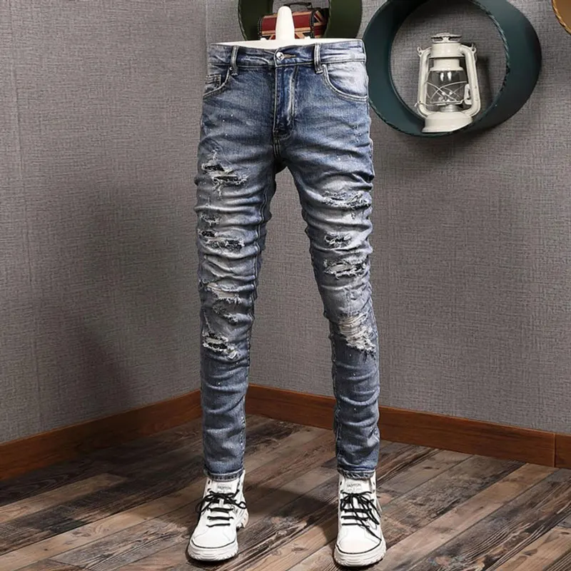 Street Fashion Men Jeans Retro Washed Blue Stretch Skinny Fit Ripped Jeans Men Painted Patched Designer Hip Hop Brand Pants