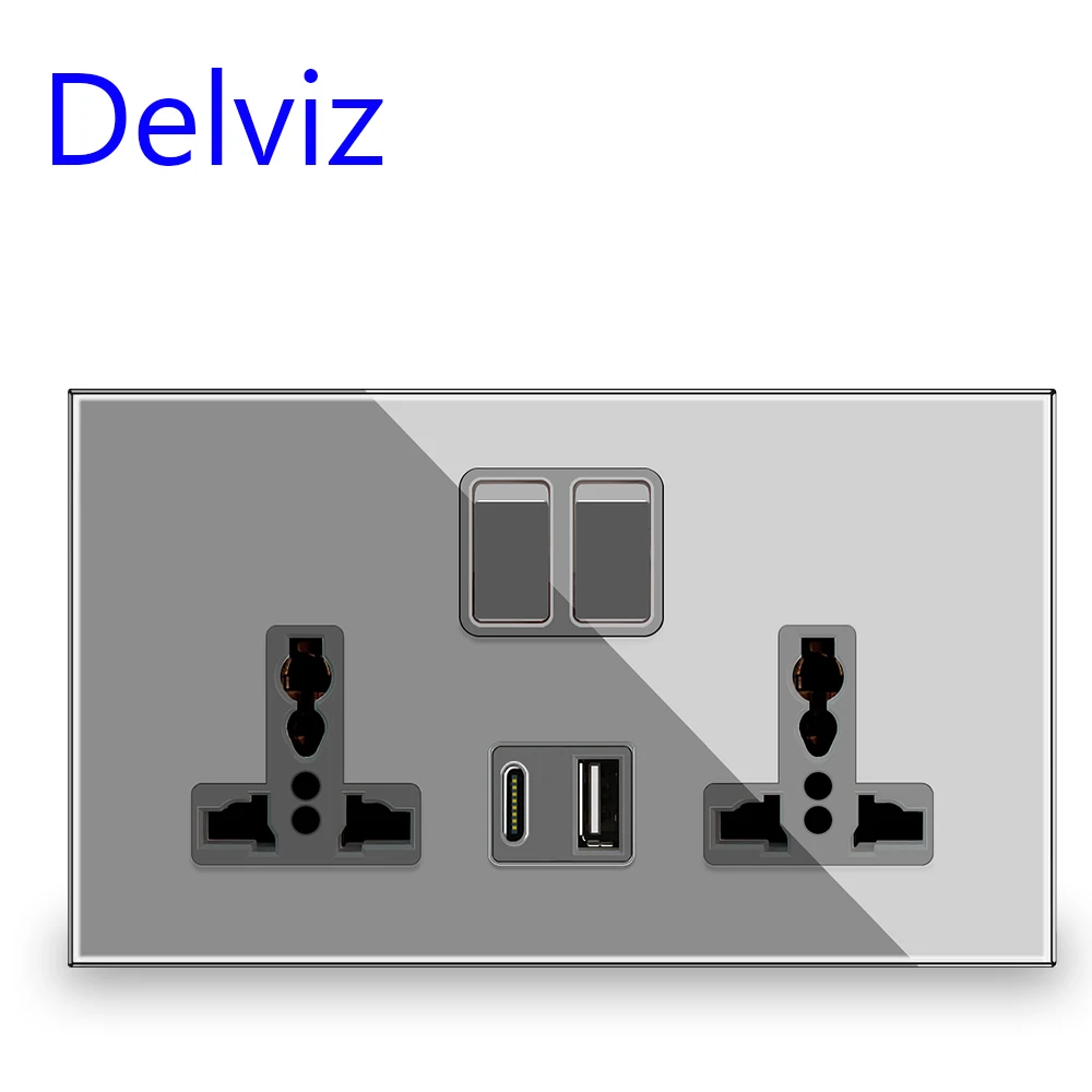 Delviz Crystal glass Type-C Socket, Wall 5V USB Ports, Switch control socket, 18W 3A Quick charge, Universal Double Power Outlet