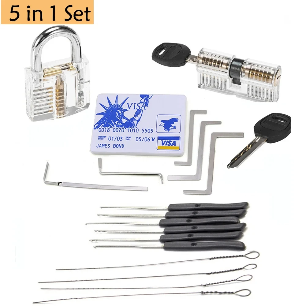 Locksmith Pick Training Kit 5 IN 1 with 2pcs Transparent Locks Broken Key Remover Tension Wrench