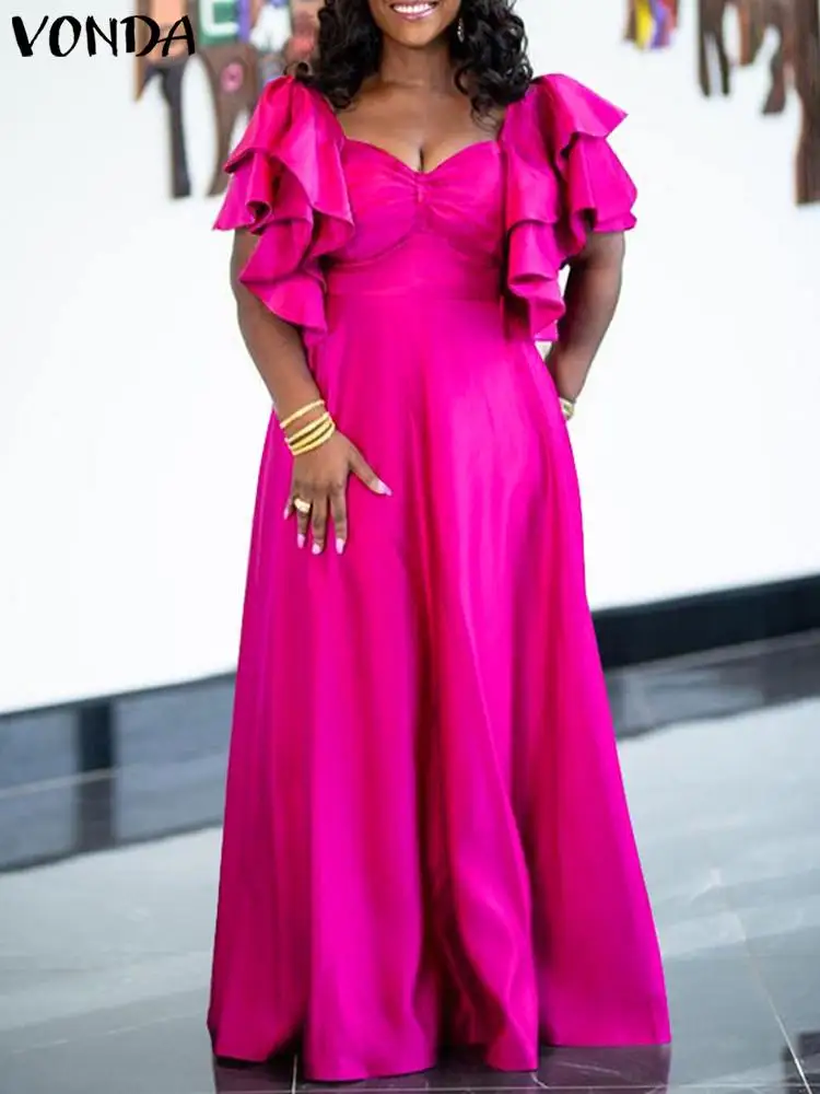 

Elegant Party Maxi Dress 2023 VONDA Summer Short Sleeve Ruffled Sundress Casual Sexy V Neck Pleated Solid Color Loose Satin Robe