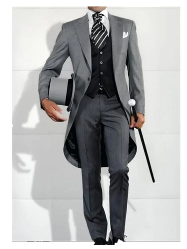 Grey Long Tail Coat 3 Pieces Gentleman Male Suit Men's Fashion Groom Tuxedo for Wedding Party Prom Jacket Vest with Pants