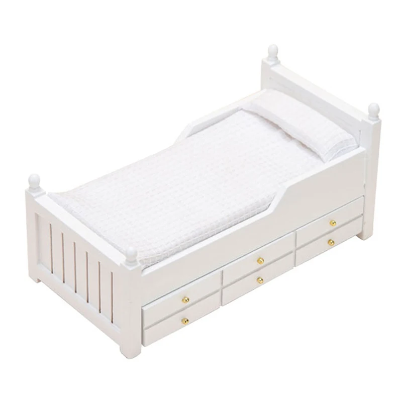 1:12 Dollhouse Miniature Bed White European Single Bed With Drawer Bedroom Furniture Model Decor Toy Doll House Accessories