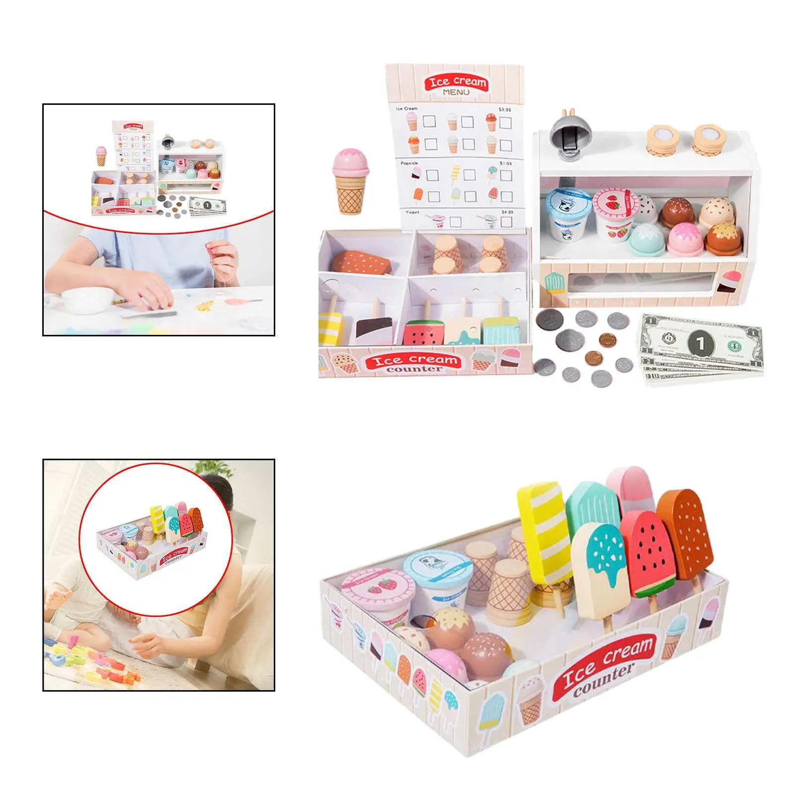 Wooden Ice Cream Counter Playset Food Toys Set for Kids Preschool Girls Boys