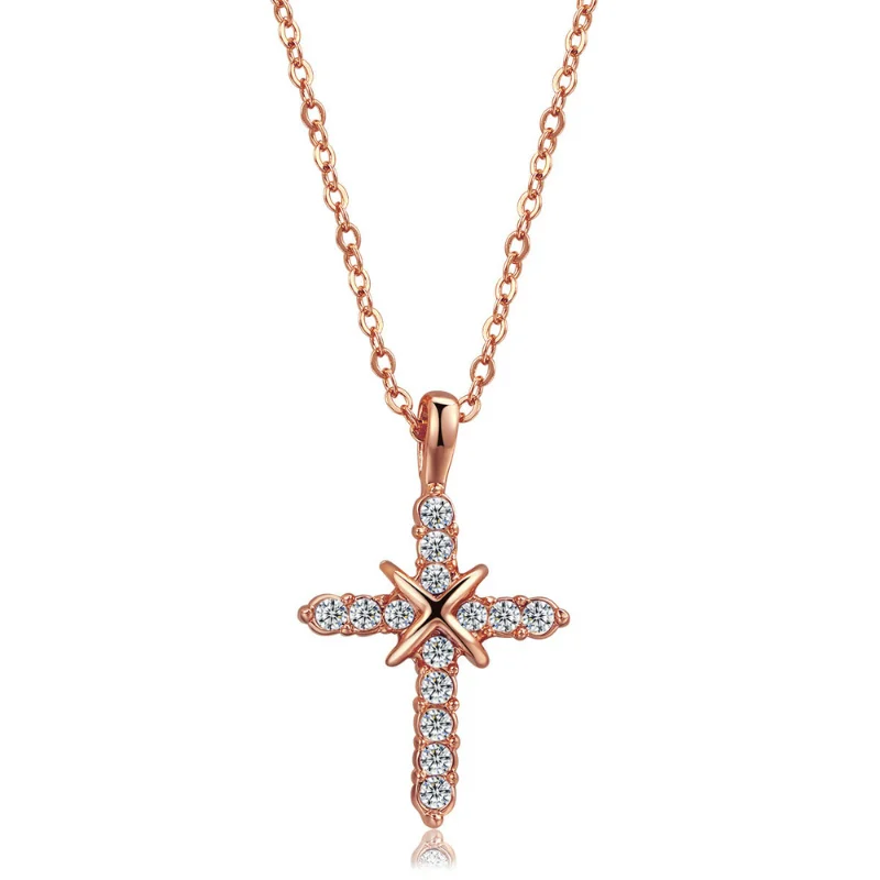 

ALLNEWME Personality Shiny Full CZ Zircon Cross Pendant Necklaces Silver Rosegold Plating Copper Choker for Women Man Unisex