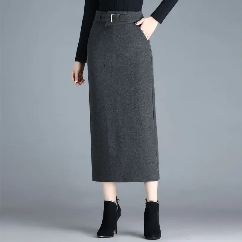 thumbnail image 1 of Falda ajustada de cintura alta, de pierna recta y adelgazante, versátil, de largo medio para otoño/invierno, moda femenina, 1 of 5