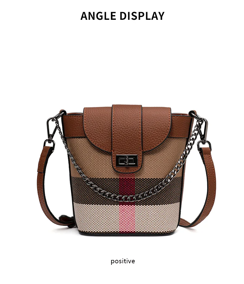 Mini-Beuteltasche für Damen mit Patchwork aus Rindsleder und Canvas, Karomuster, Umhängetasche/Umhängetasche zum Einkaufen, Handytasche – Detail 7