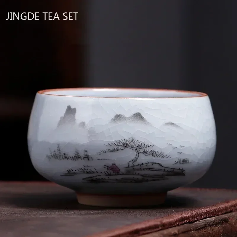 Chinese Antique Ceramic Teacup Ru Kiln Ice Cracked Glaze Tea Cup Personal Single Cup Tea Bowl Customized Household Drinkware
