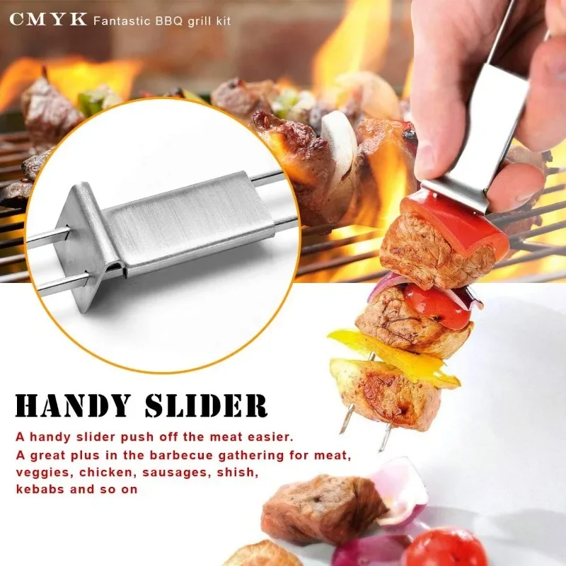 Reusable Barbecue Needle Wide Flat Barbecue Fork Stainless Steel Double Needle Skewers Household Accessories