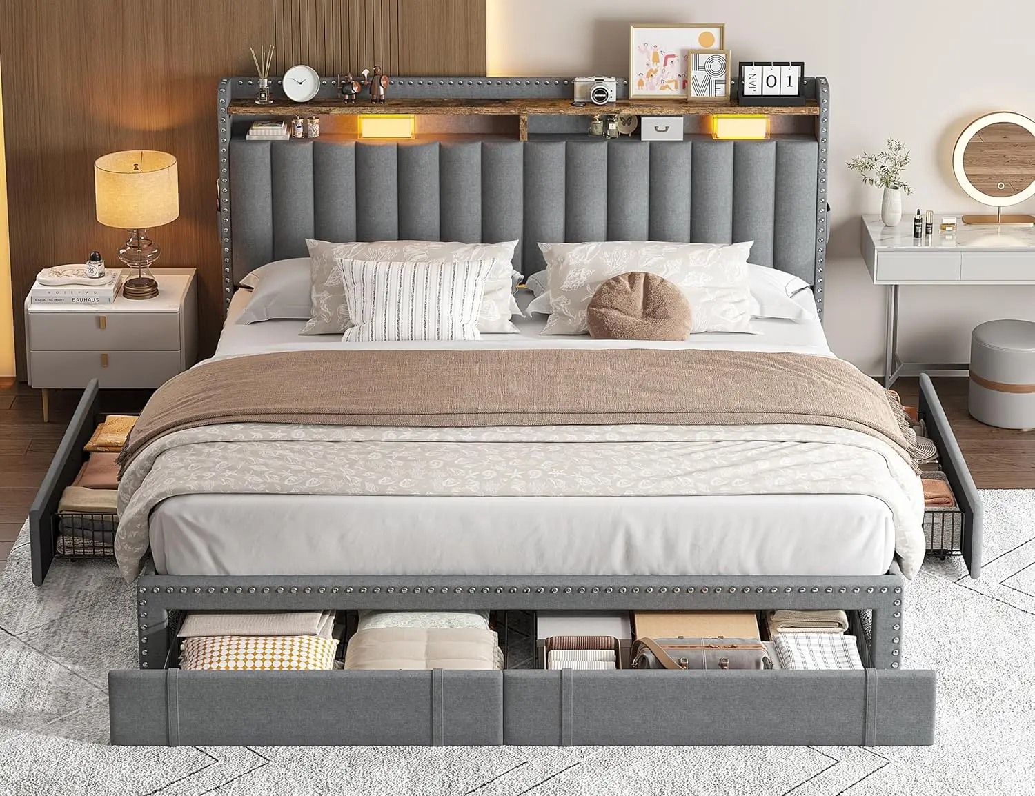 King Size Bed Frame with 4 Storage Drawers, Upholstered King Bed Frame and headboard with 2-Tier Shelves,Mattress Foundation 3