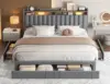 King Size Bed Frame with 4 Storage Drawers, Upholstered King Bed Frame and headboard with 2-Tier Shelves,Mattress Foundation 3