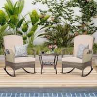 3-Piece Outdoor Furniture Set, Patio Conversation Chair, Wicker Cushioned Patio Rocker with Side Table for Porch, Garden, Poolsi 1