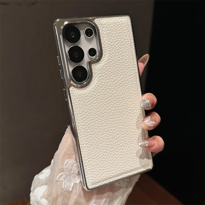 Luxury Electroplated Lychee Pattern Leather Phone Case - Matte Shockproof Cover