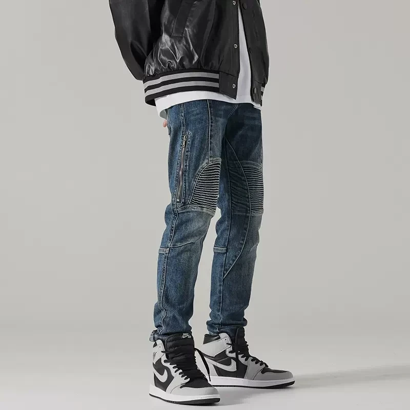High Street Fashion Men Jeans Retro Blue Elastic Slim Fit Zipper Designer Spliced Biker Jeans Men Patched Hip Hop Pants Hombre