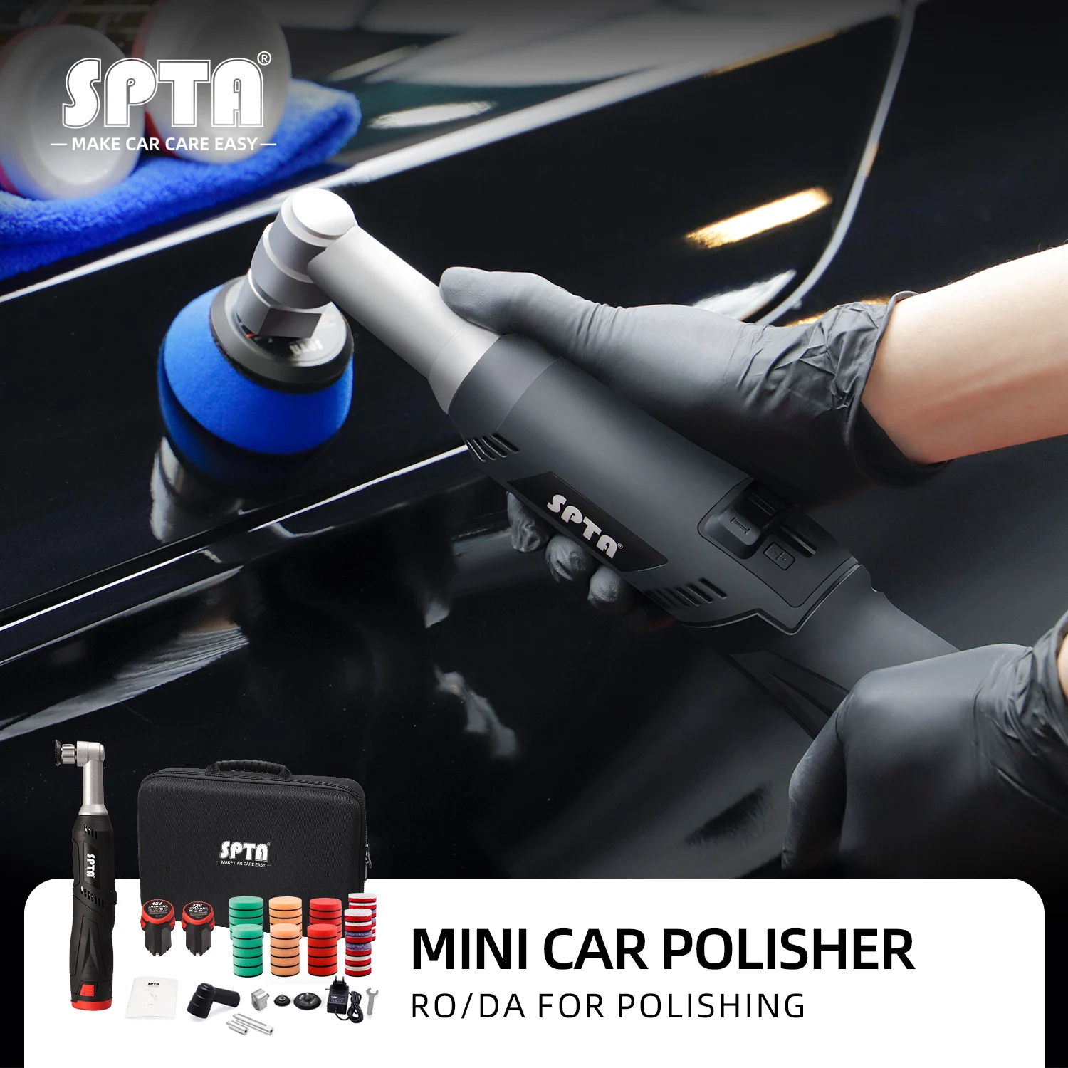 SPTA Cordless Car Polisher Machine Set 12V Battery Polishing Wax Adjustable Speed DA Rotary Tool with Detail Sponge Wool Pads