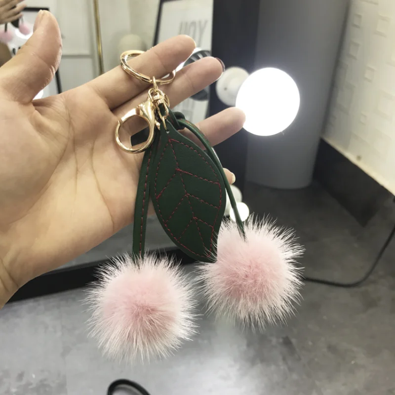 Cherry New Arrival Handmade Keychain with Real Mink Fur, Cute Design for Women Girls, Keychain Accessory for Bags Cars, Gifts