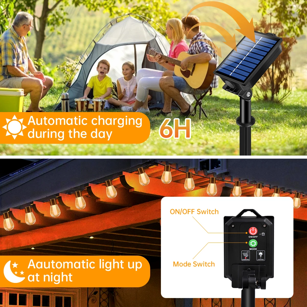 Solar Outdoor String Lights USB Charge Waterproof S14 Edison Led Bulbs Shatterproof Solar Hanging Light With 8/35 Modes Remote 5