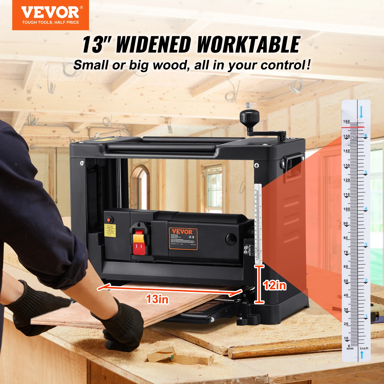 VEVOR Thickness Planer 13inch Benchtop Planer with Two-Blade 15-Amp 1800W Powerful Motor Low Noise for DIY Woodworking Planing 2