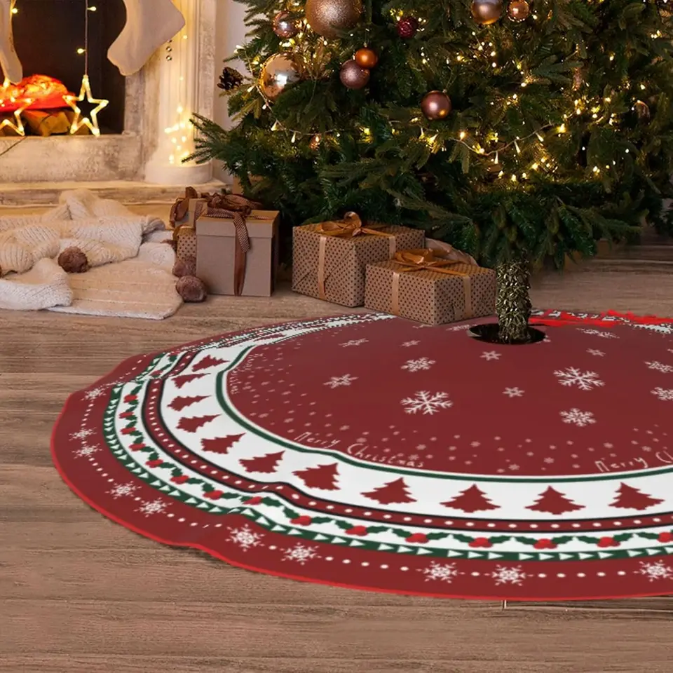 48 Inch Christmas Tree Skirt - Red & Green Plush Mat With Santa, Deer & Snowman Design, Soft & Reusable Holiday Decor For Indoor/Outdoor - View #7