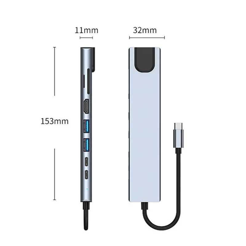 8in1 USB C 3.0 Hub Type C Laptop Adapter to 4K HDMI-Compatible 100M RJ45 Ethernet SD/TF Card PD USB 3.0 Dock Station Splitter