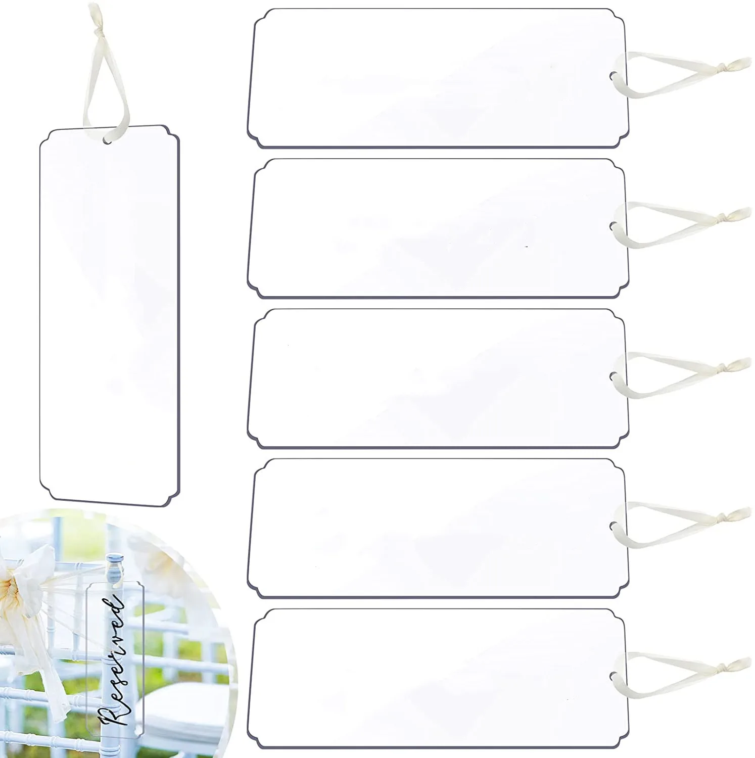 

6Pcs/Set Acrylic Tags Reserved Signs Blank Wedding Chair Seat Sheer Ribbon Clear Chairs Wedding Chairs Reserved Table Signs