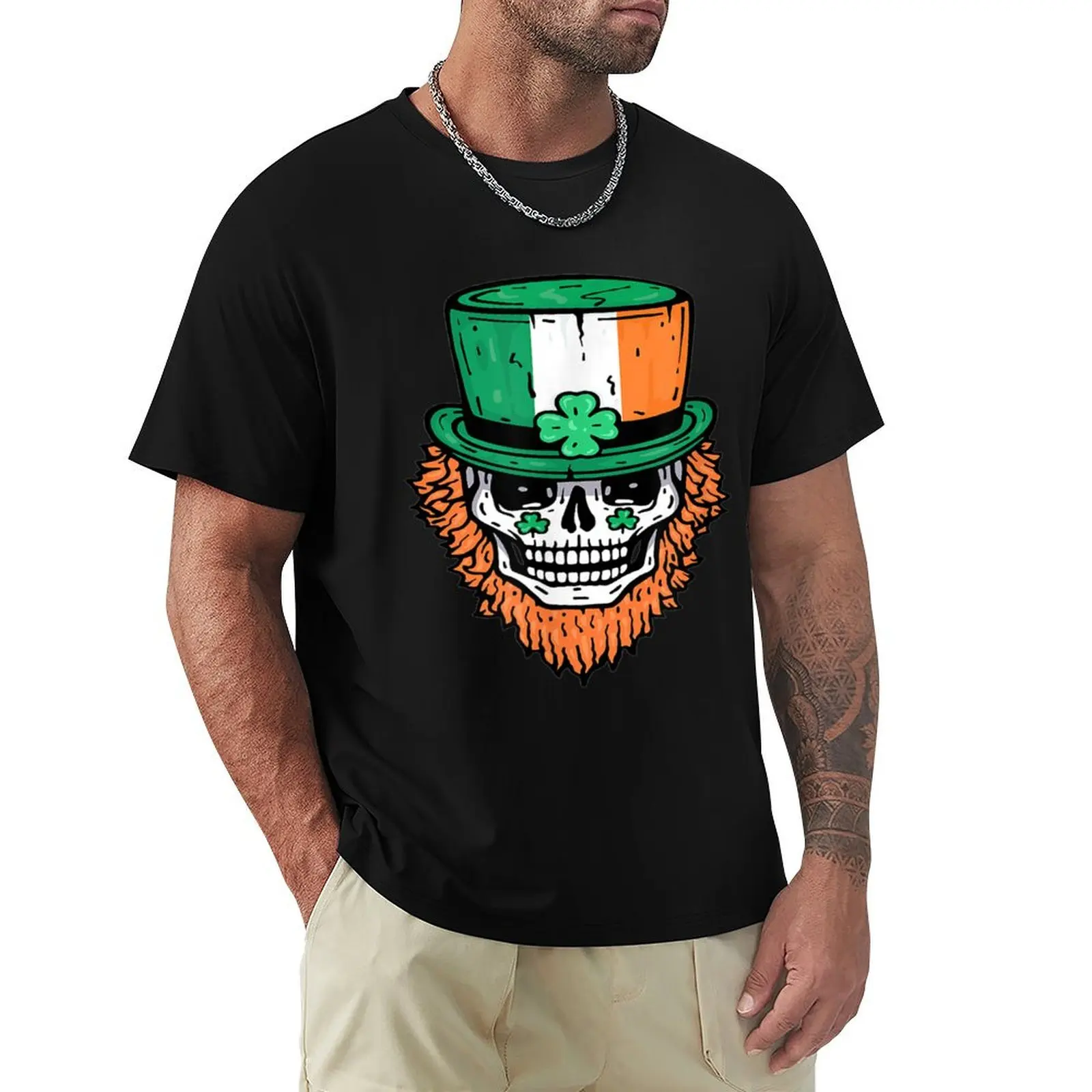 

Skull Green Hat Leaf Irish Clover Lucky T-Shirt vintage kawaii clothes plain mens clothing