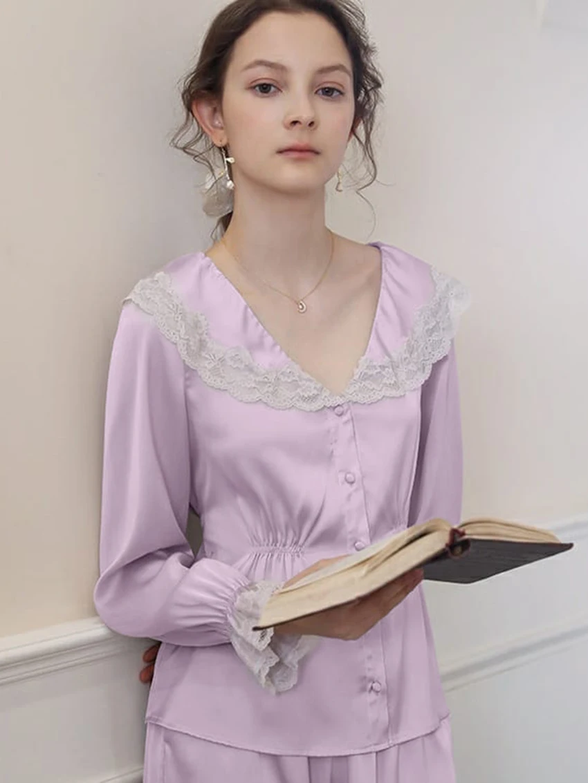 Marthaqiqiq Elegant Women'S Nightwear Suit Long Sleeve Sleepwear Sexy Turn-Down Collar Nightgowns Pants Casual Femme Nightie Set