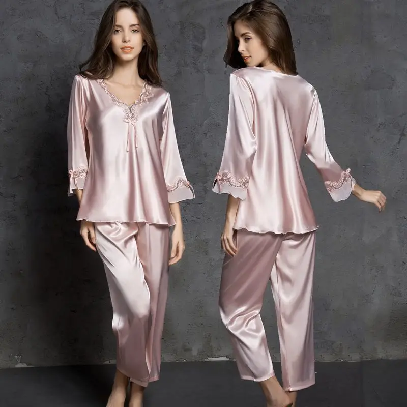 얼음 실크 카와이 옷 여성 잠옷 섹시한 빅 사이즈 잠옷 세트 레이스 Loungewear 세트 한국 패션 느슨한 봄 가을 잠옷