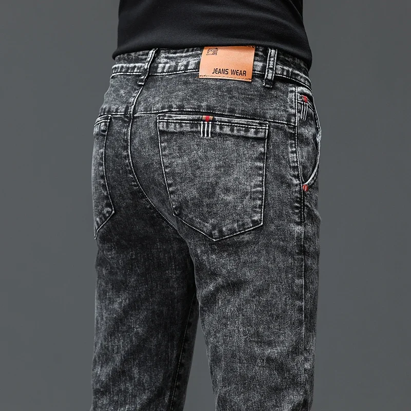 Men Jeans Solid Color Cotton Black Dark Gray Classic Slim Stretch Casual Korean Fashion Youth Male Denim Trousers
