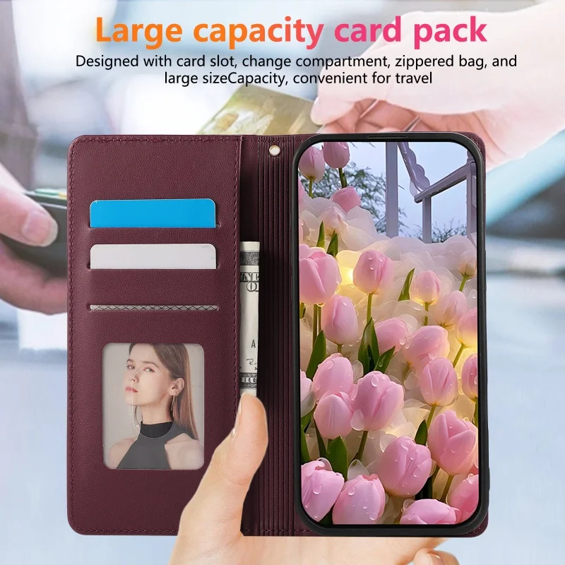 Elegant Magnetic Leather Wallet Phone Case - Premium Faux Leather Design with Card Slots and Secure Closure