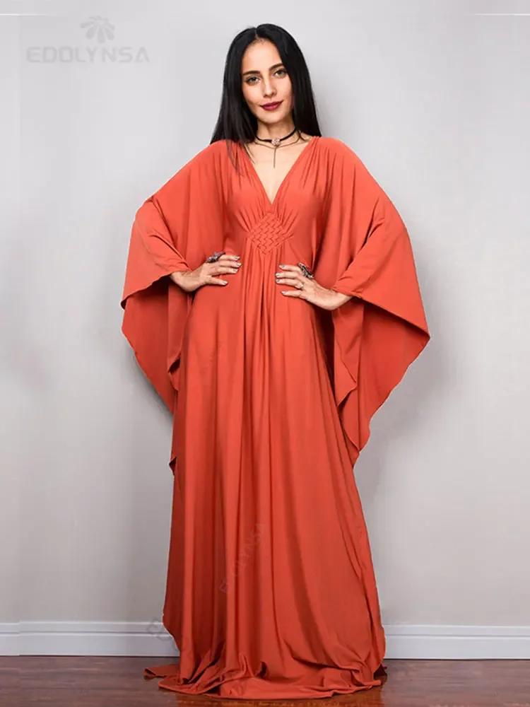 Solid V-neck Batwing Sleeve Plus Size Loose Maxi Dress For Women Summer Beach Wear Kaftan Long Bathing Suit Cover Up Q1306