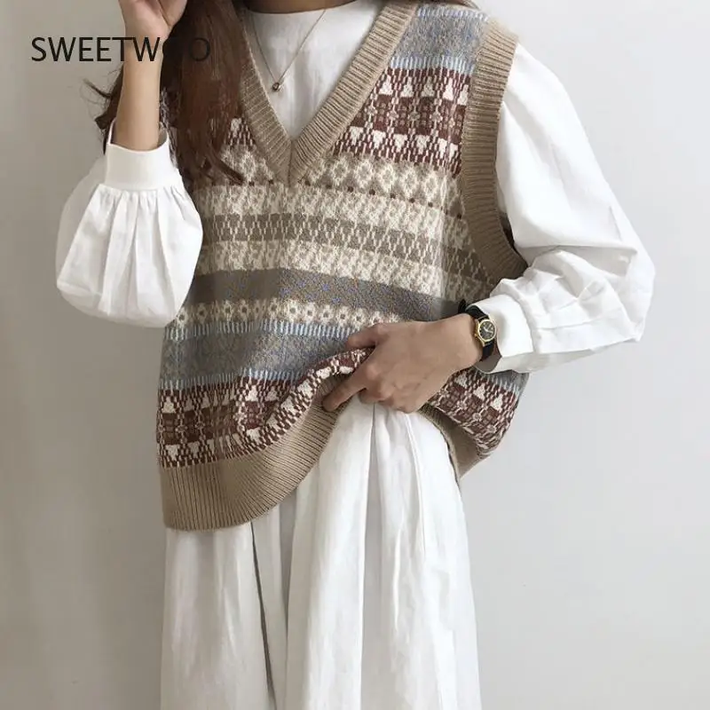 

Loose Oversized Tops Autumn Basic Vintage Pullovers Jumper Female Street Wear Geometric Knitted Vest Sleeveless Sweater Women