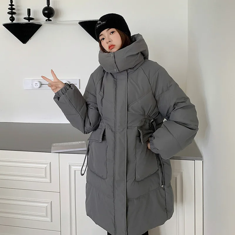 

Женская длинная стеганая куртка с капюшоном, свободная парка с большими карманами и утепленной талией, зимний сезон 2023