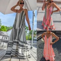 Vacation Long Skirt Casual Loose Splice Neck Cross-Border Women's Dress Polyester Fiber V-neck Knee-length No-sleeve