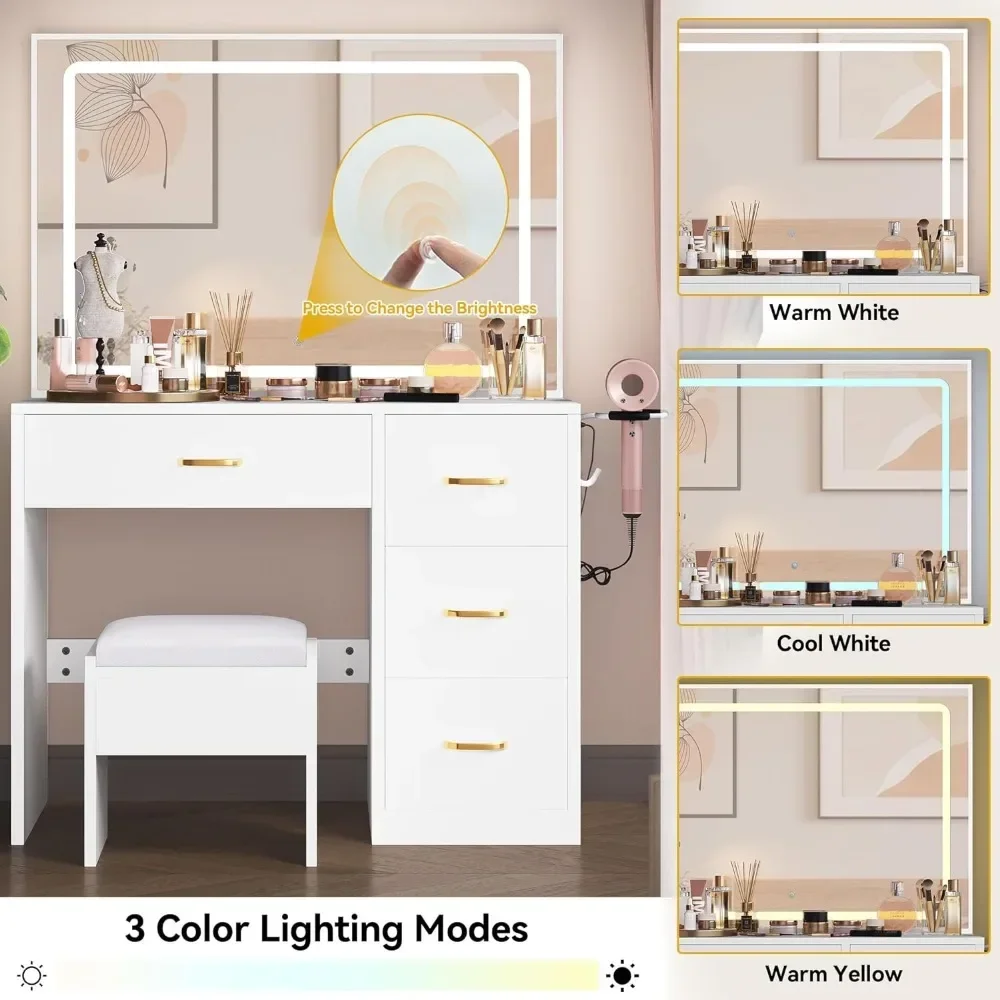 

Makeup Vanity Desk with Large Lighted Mirror with Power Outlet and LED Strip, 4 Drawer Vanity Table with Cushioned Stool