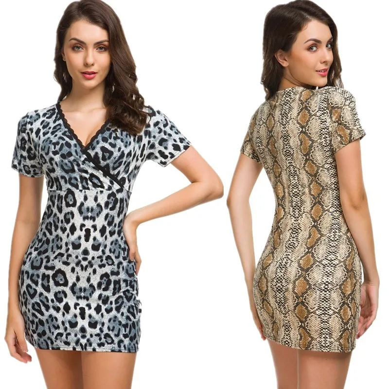 Leopard Print Slim Mini Dresses Women Sexy V-neck Lace Patchwork Package Hip Bodycon Dress Fashion Trendy Streetwear Vestidos