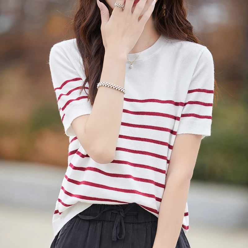 Women Summer Vintage O-Neck Stripe 100%Cotton T-Shirt