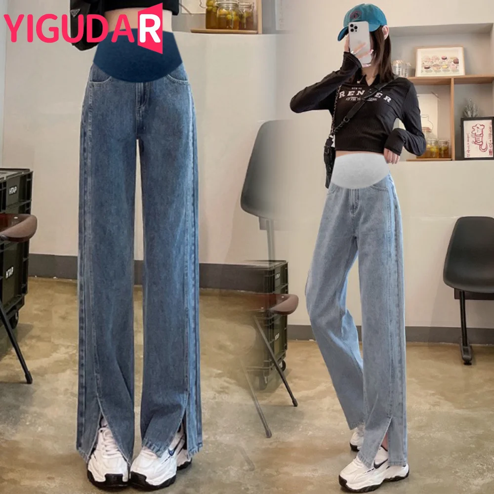 

Split Denim Maternity Straight Long Jeans Wide Leg Loose Pants Clothes for Pregnant Women Chic Ins Pregnancy clothes for women