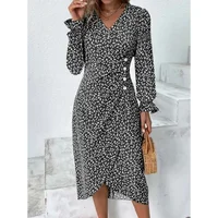 Elegant Floral Pleated H shaped Midi Dress Female V Neck Puff Sleeve Waist Ruched Button Dresses Women Summer Dress Robe - Image 4