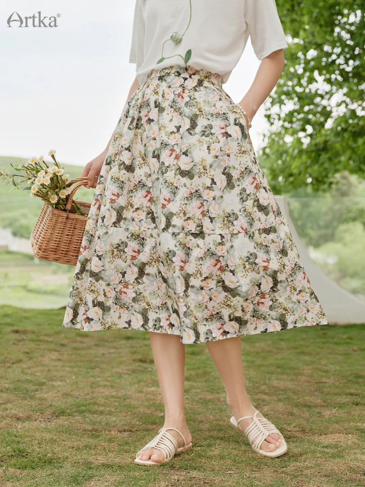 ARTKA 2022 Summer New Women Skirt French Elegant Rural Flower Painting
